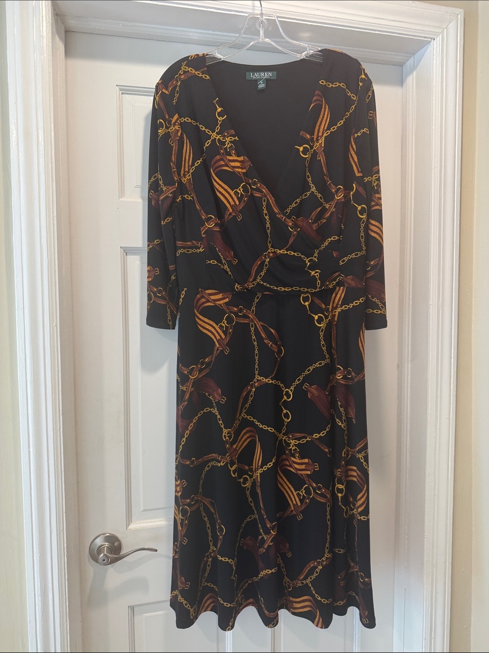 Lauren Ralph Lauren Black Midi Dress with Gold & Brown Chain Print